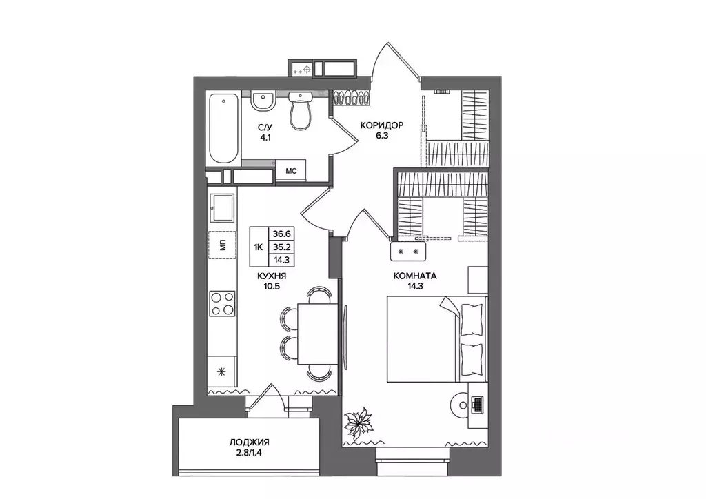 1-к кв. Пермский край, д. Кондратово  (36.6 м) - Фото 1