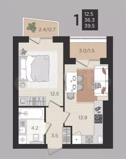 1-к. квартира, 39,5 м, 2/4 эт. - Фото 1