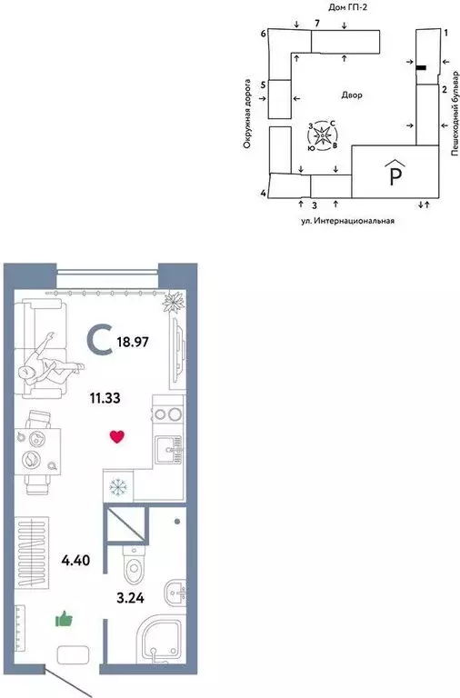 Квартира-студия: Тюмень, Интернациональная улица, 199к9 (18 м) - Фото 1