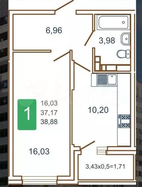 1-к. квартира, 40 м, 13/18 эт. - Фото 1