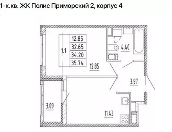 1-к кв. Санкт-Петербург аллея Арцеуловская, 7к1 (33.0 м) - Фото 1