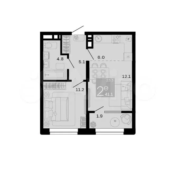 1-к. квартира, 41,1 м, 9/9 эт. - Фото 1