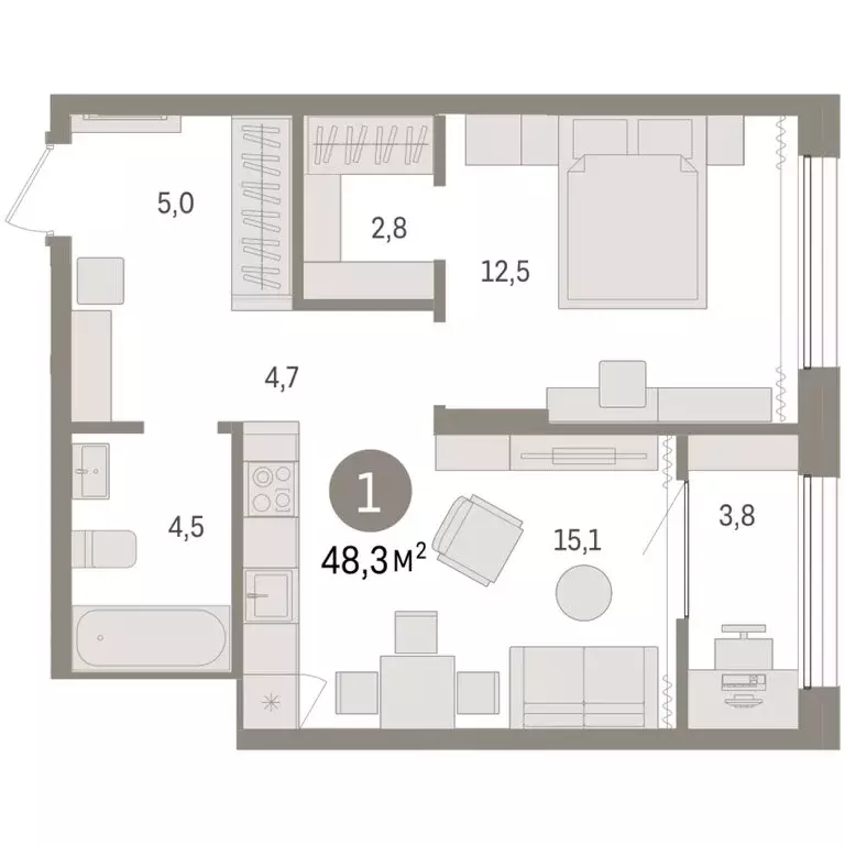1-комнатная квартира: Тюмень, Краснооктябрьская улица, 4к3 (48.3 м) - Фото 1