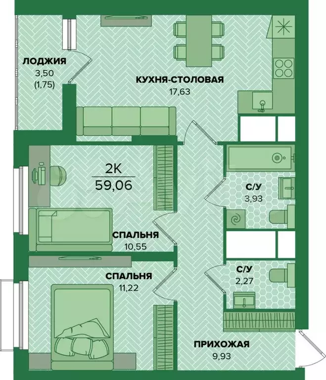 2-к. квартира, 59,1 м, 22/25 эт. - Фото 0