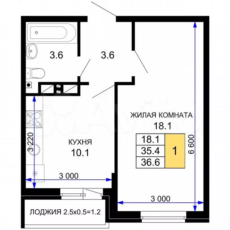 1-к. квартира, 36,6 м, 6/16 эт. - Фото 0