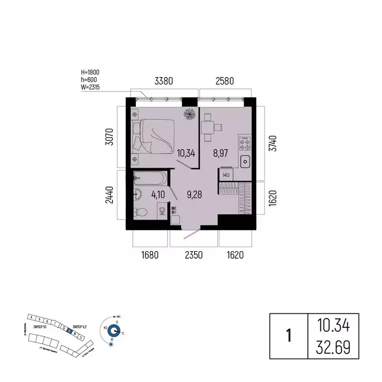 1-комнатная квартира: Уфа, улица Рудольфа Нуреева, 7 (32.69 м) - Фото 1