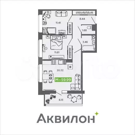 2-к. квартира, 60 м, 4/9 эт. - Фото 0
