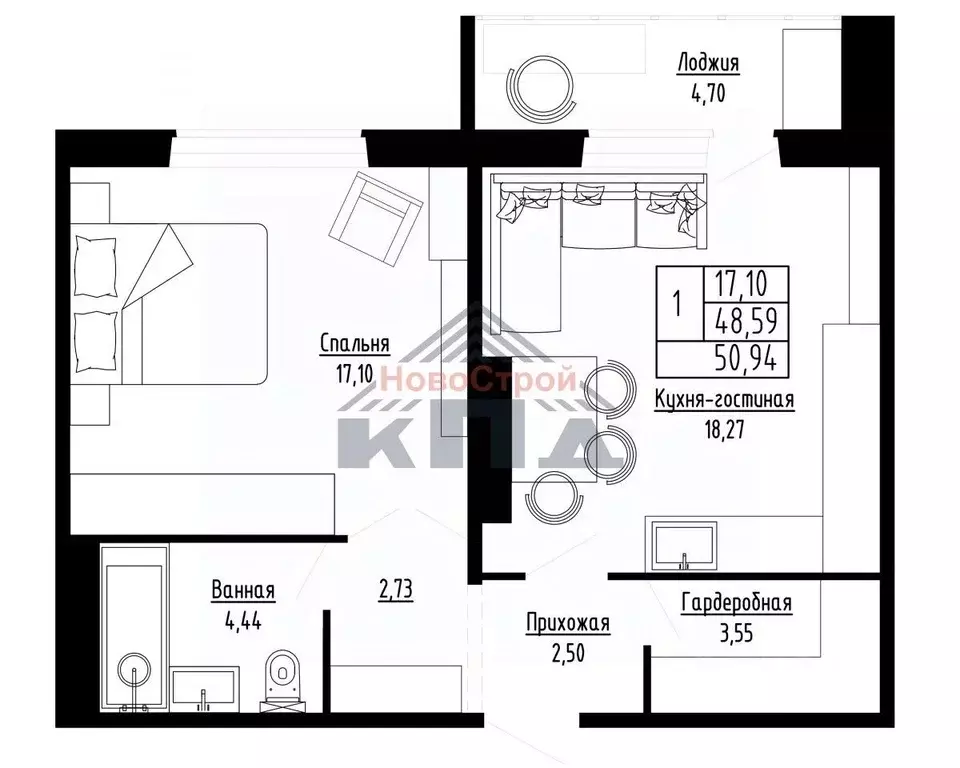 1-к кв. Омская область, Омск ул. Леонида Маслова, 7 (50.94 м) - Фото 1