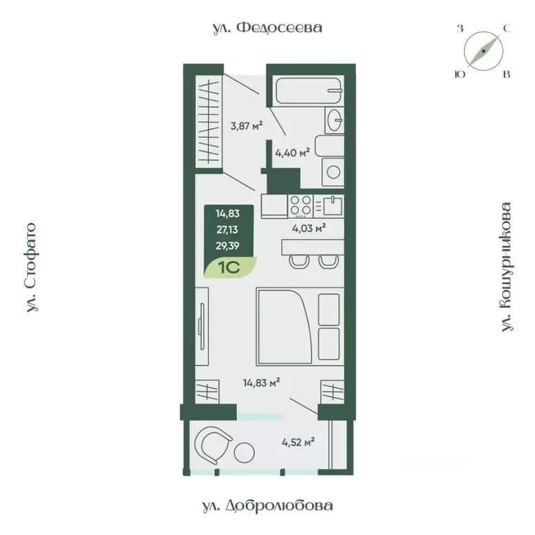 Студия Новосибирская область, Новосибирск  (29.39 м) - Фото 0