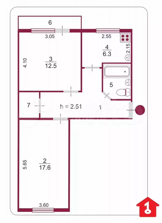 2-к. квартира, 45,8 м, 5/5 эт. - Фото 0