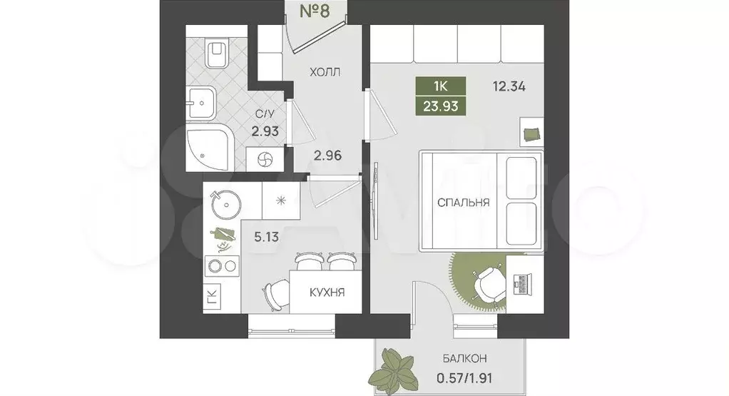 1-к. квартира, 23,9 м, 1/5 эт. - Фото 1