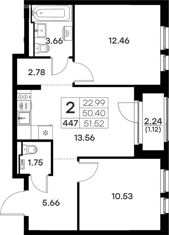 2-комнатная квартира: Владимир (51.52 м) - Фото 0