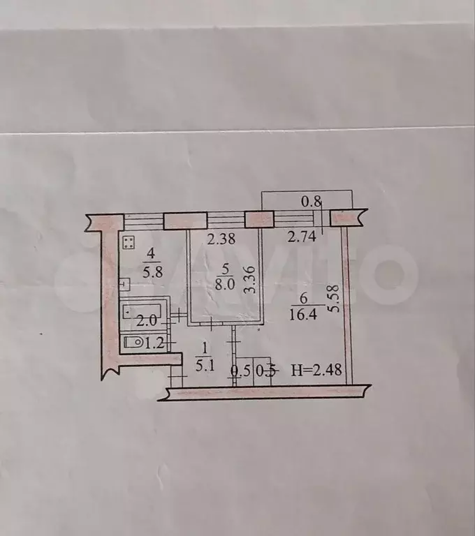 2-к. квартира, 39,5 м, 4/5 эт. - Фото 0