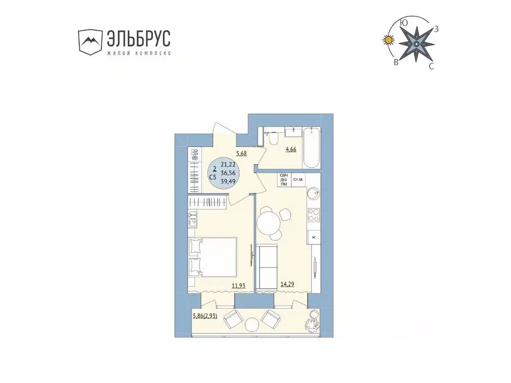 2-к кв. Башкортостан, Уфа Кавказская ул., 24 (39.49 м) - Фото 0