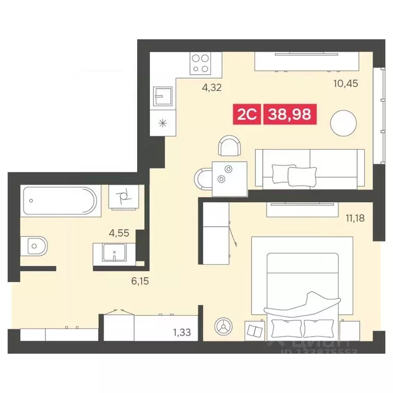 2-к кв. Новосибирская область, Новосибирск Аэропорт мкр,  (37.98 м) - Фото 1