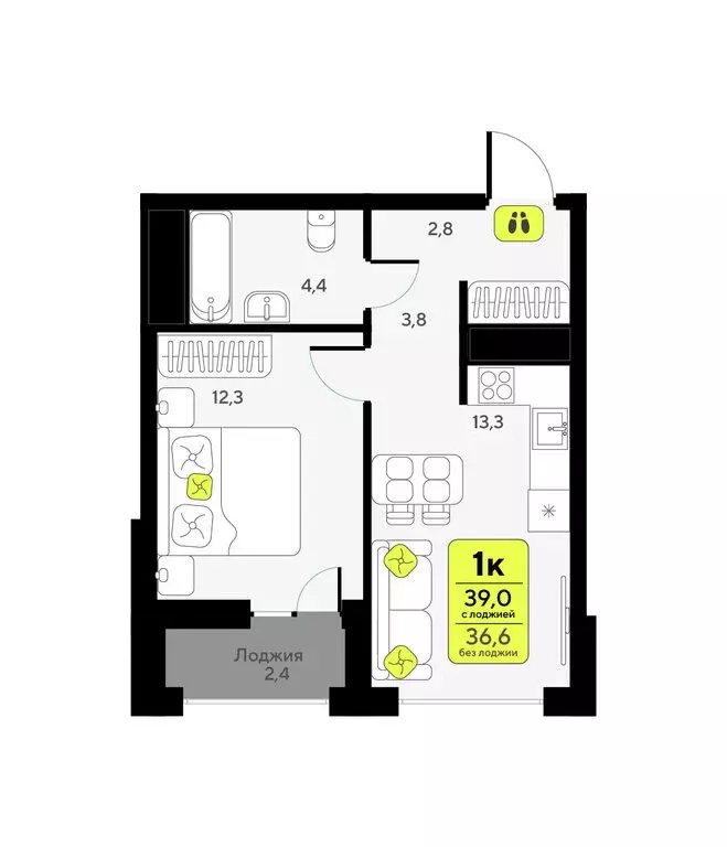 1-комнатная квартира: Тюмень, улица Андрея Приказнова, 7 (39 м) - Фото 1