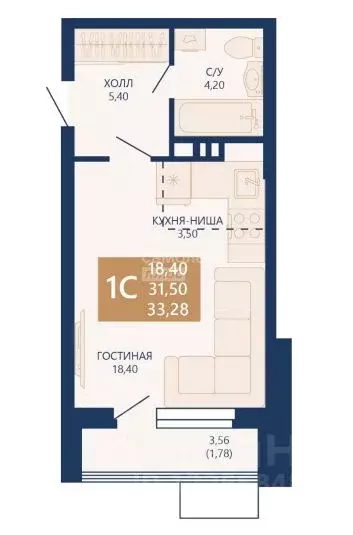 Студия Новосибирская область, Новосибирск ул. Аэропорт, 1/5 (35.06 м) - Фото 1