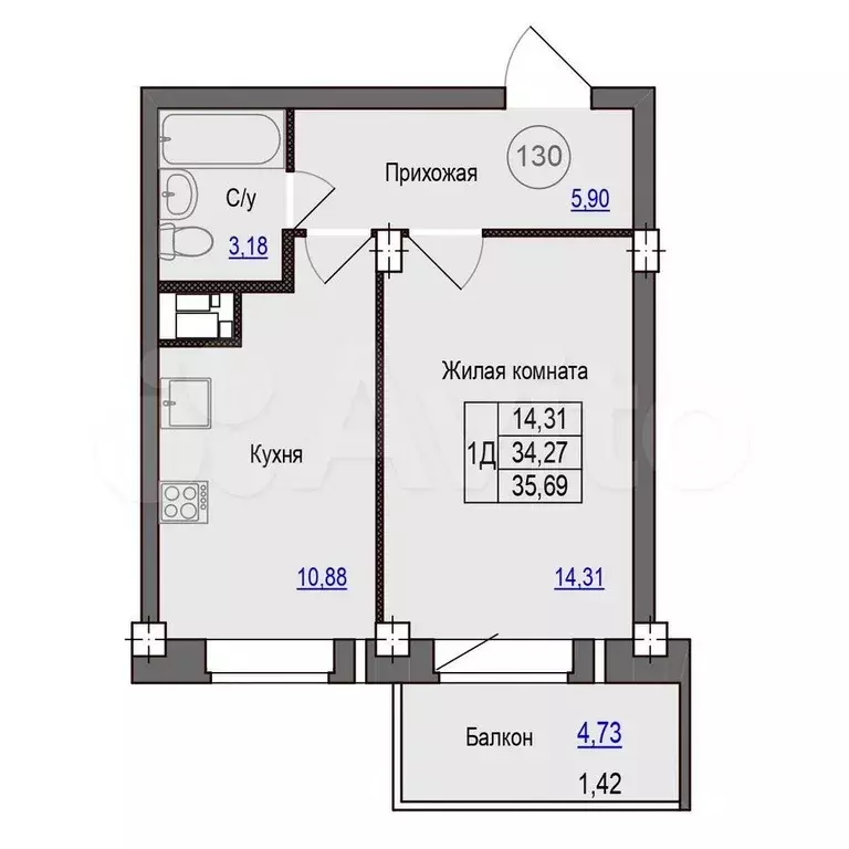 1-к. квартира, 35,7 м, 8/9 эт. - Фото 0