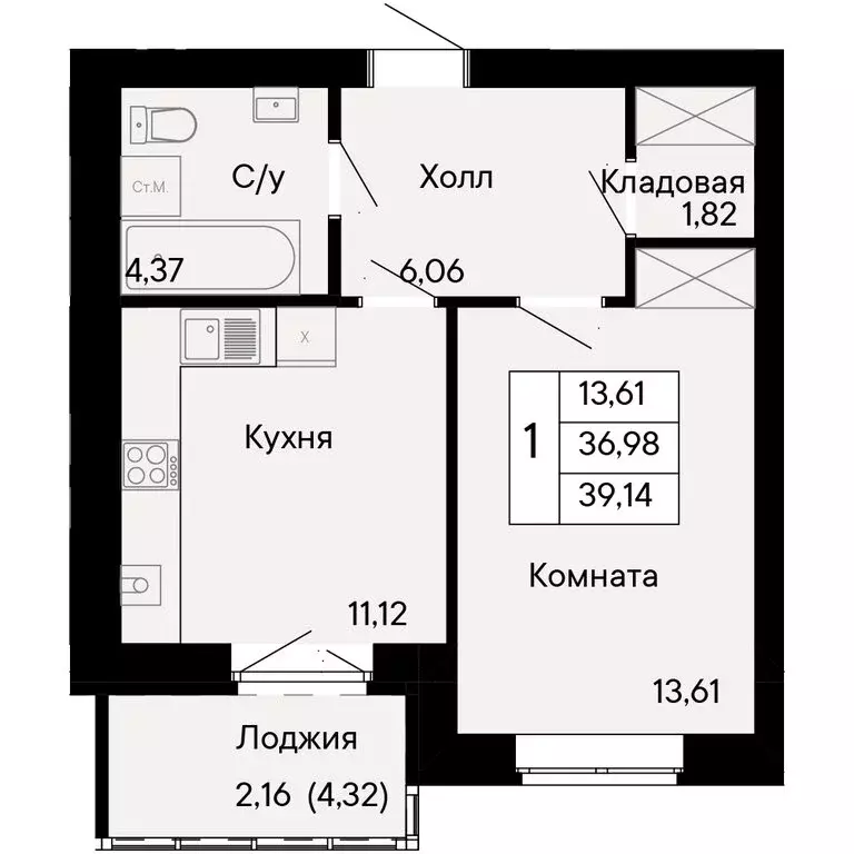 1-комнатная квартира: Ростов-на-Дону, Бориславский переулок, 47 (39.14 ... - Фото 0