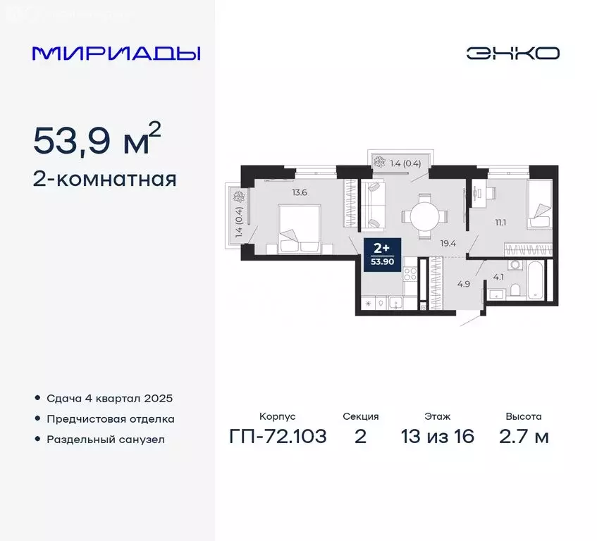 2-комнатная квартира: Тюмень, жилой комплекс Мириады (53.9 м) - Фото 0