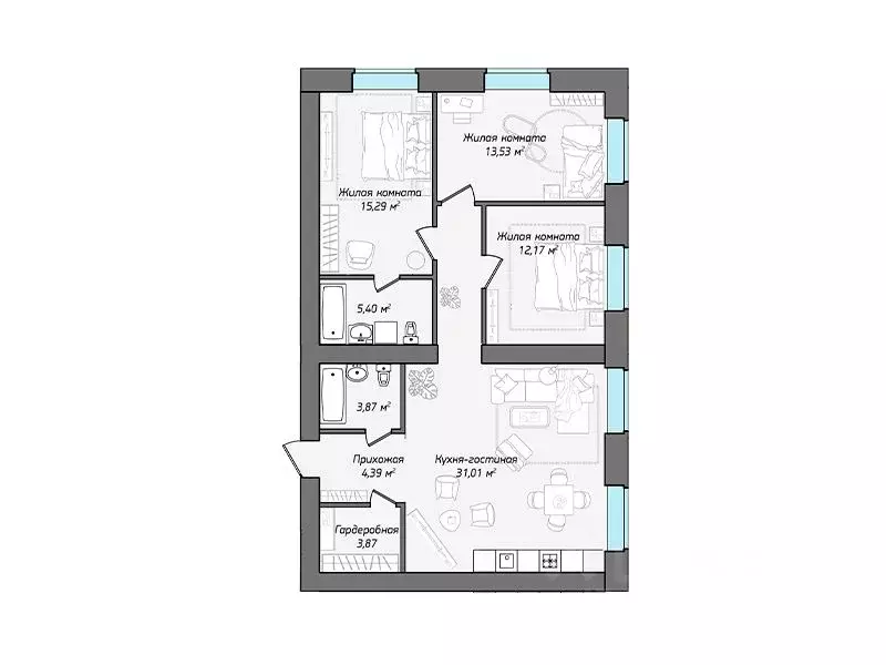 4-к кв. Чувашия, Чебоксары ул. Фридриха Энгельса, поз7 (94.64 м) - Фото 1