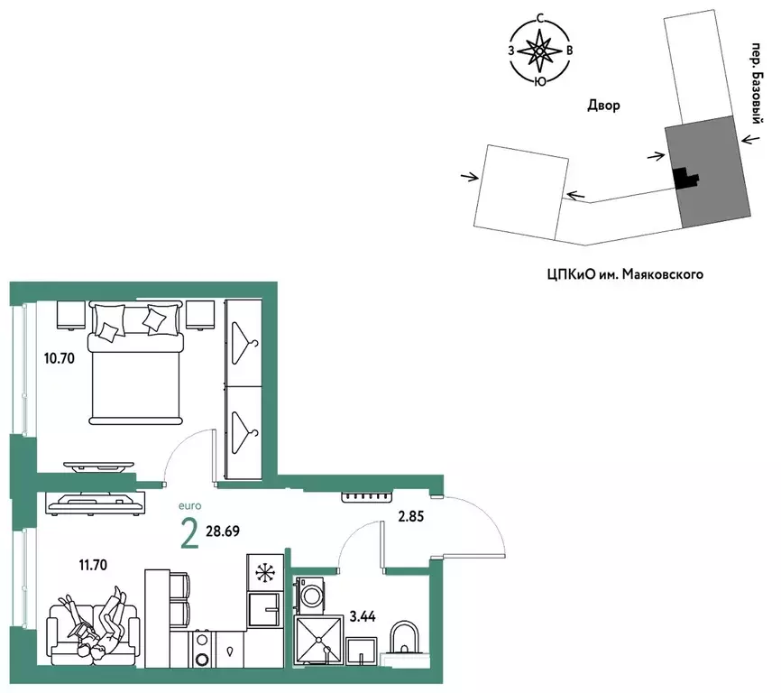 2-к кв. Свердловская область, Екатеринбург пер. Базовый, 10 (28.69 м) - Фото 1