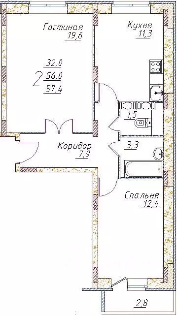 Квартира, 2 комнаты, 57.4 м - Фото 1