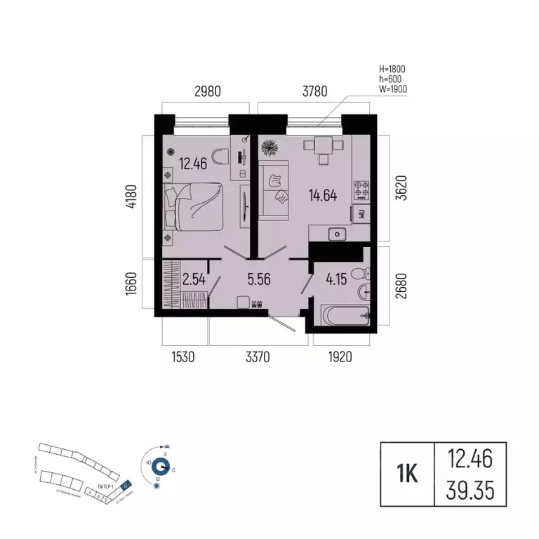 1-к кв. Башкортостан, Уфа Глумилино-1 мкр, Новатор жилой комплекс ... - Фото 1