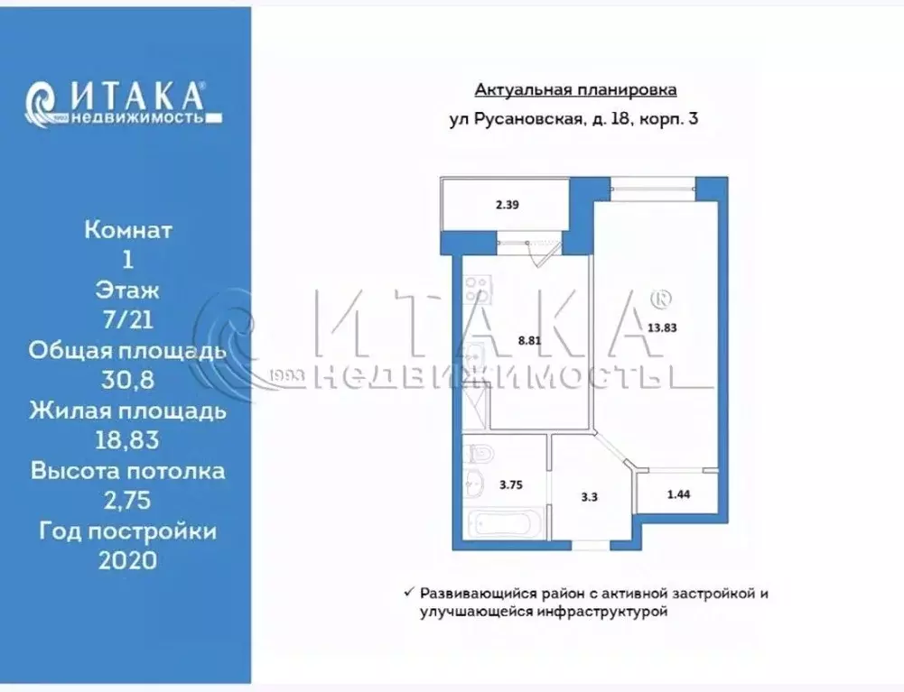 1-к кв. Санкт-Петербург ул. Русановская, 18к3 (30.8 м) - Фото 0