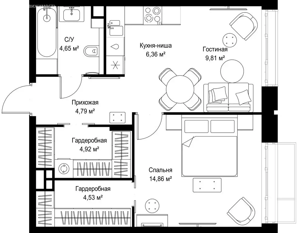 1-комнатная квартира: деревня Ликино, ЖК Мыс (49.92 м) - Фото 2