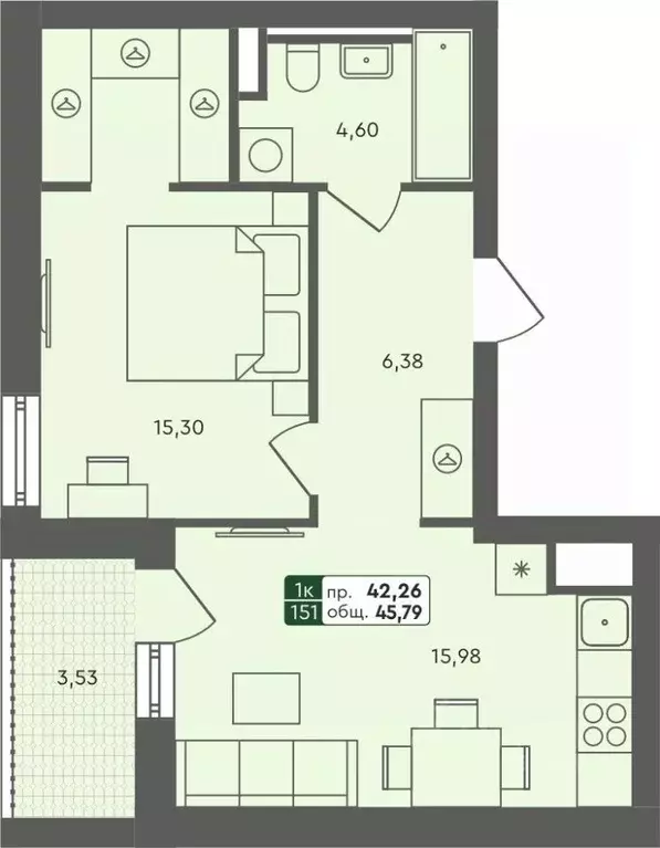 1-к кв. Омская область, Омск Красноярский тракт (45.79 м) - Фото 0