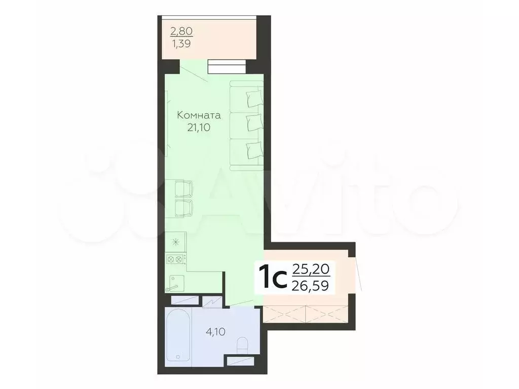 Квартира-студия, 26,6 м, 4/19 эт. - Фото 0