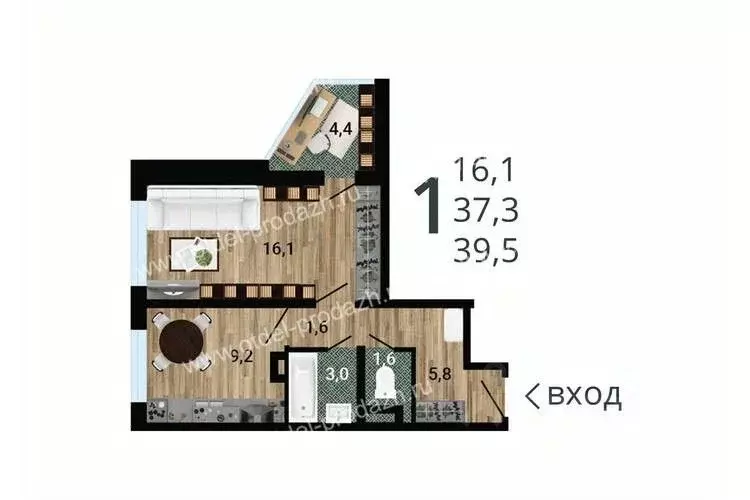 1-к кв. Воронежская область, Воронеж 8 Элемент жилой комплекс (39.83 ... - Фото 1