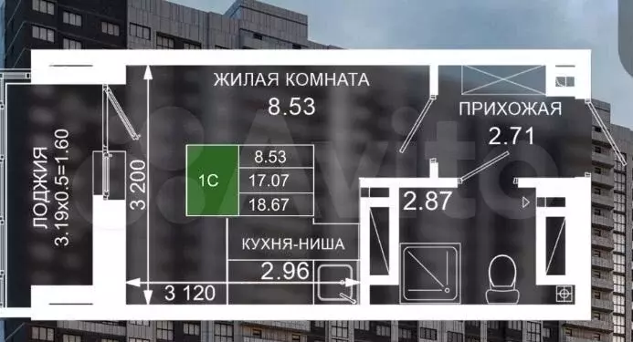 Квартира-студия, 18,7 м, 11/25 эт. - Фото 0