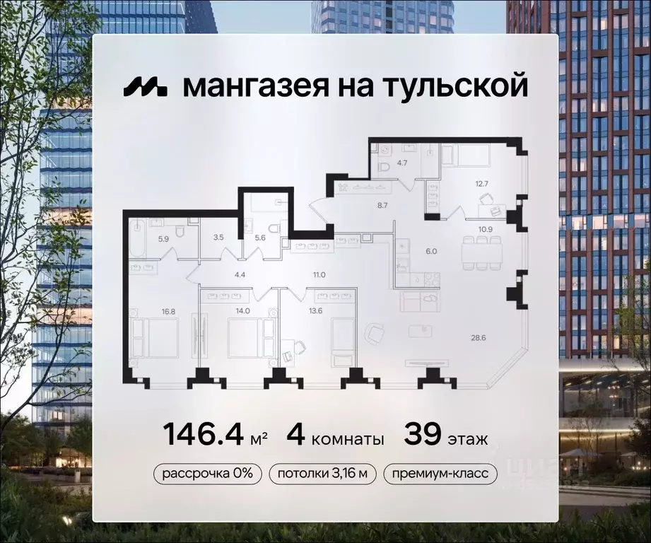 4-к кв. Москва Мангазея на Тульской жилой комплекс (146.4 м) - Фото 0