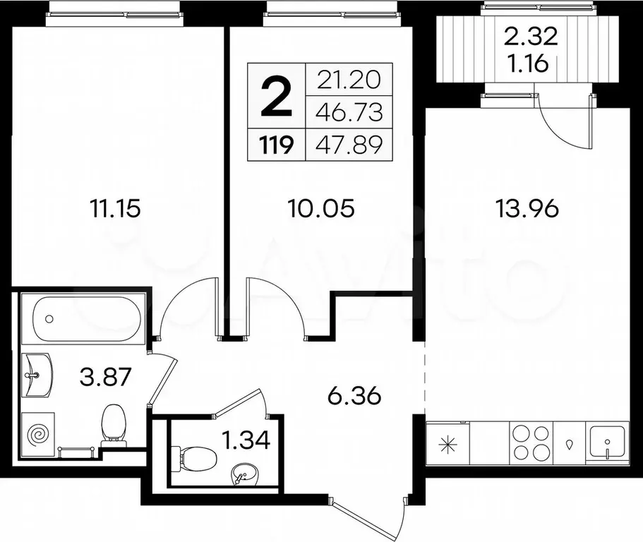 2-к. квартира, 47,9 м, 1/9 эт. - Фото 0
