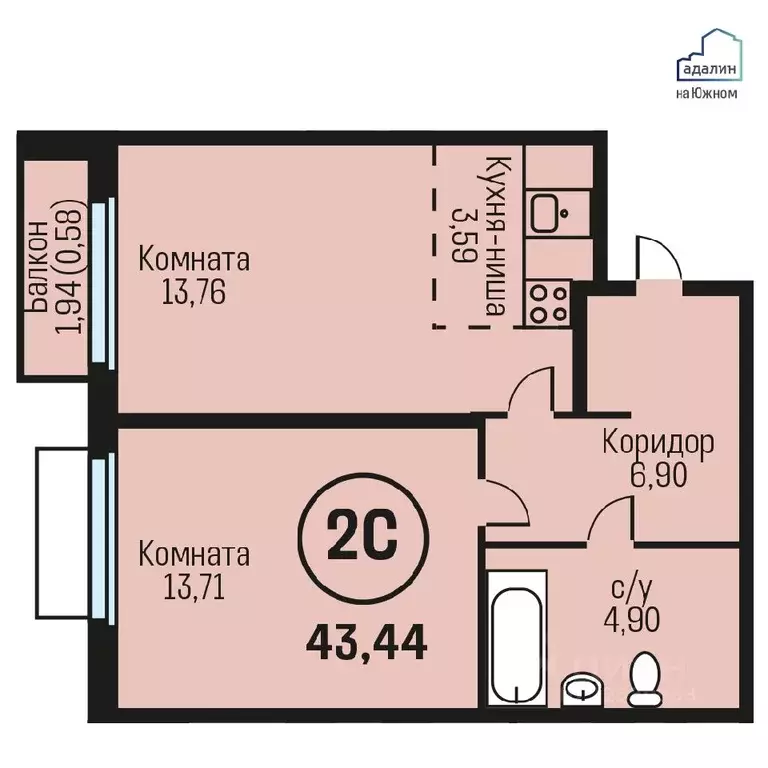 2-к кв. Алтайский край, Барнаул городской округ, Южный рп  (43.44 м) - Фото 0