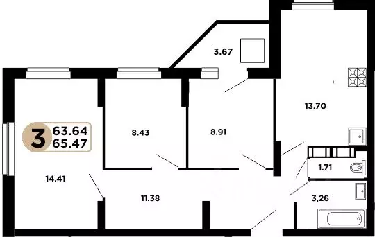 2-к кв. Самарская область, Самара Московское шоссе, 18-й км, 57 (63.64 ... - Фото 1