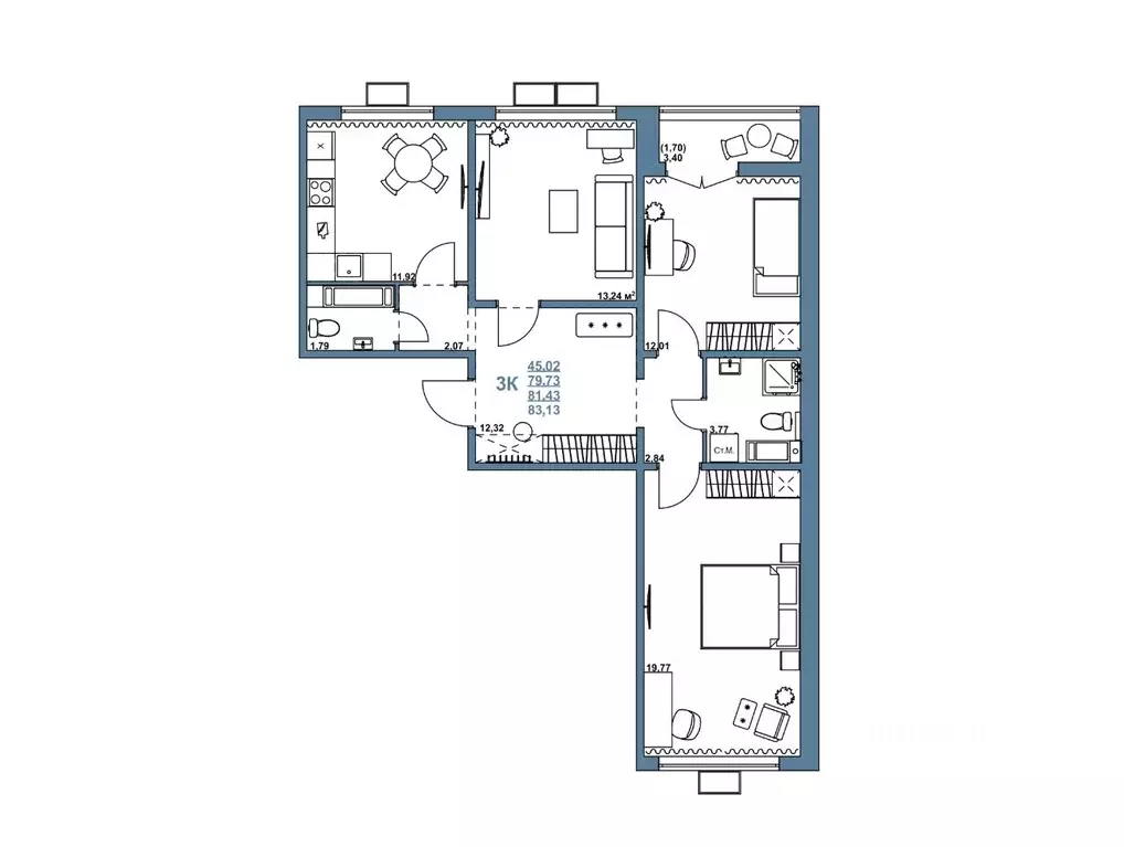 3-к кв. Челябинская область, Челябинск ул. Блюхера, 2.3.1 (79.23 м) - Фото 1