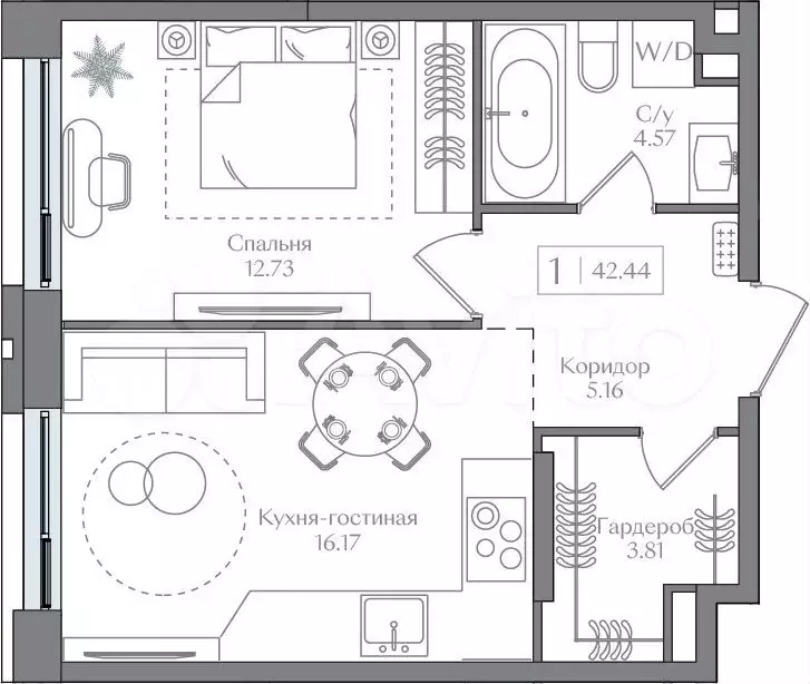 1-к. квартира, 42,4м, 10/17эт. - Фото 1