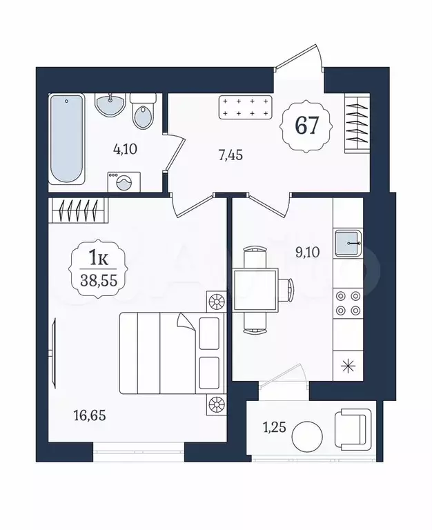 1-к. квартира, 38,6 м, 8/9 эт. - Фото 1