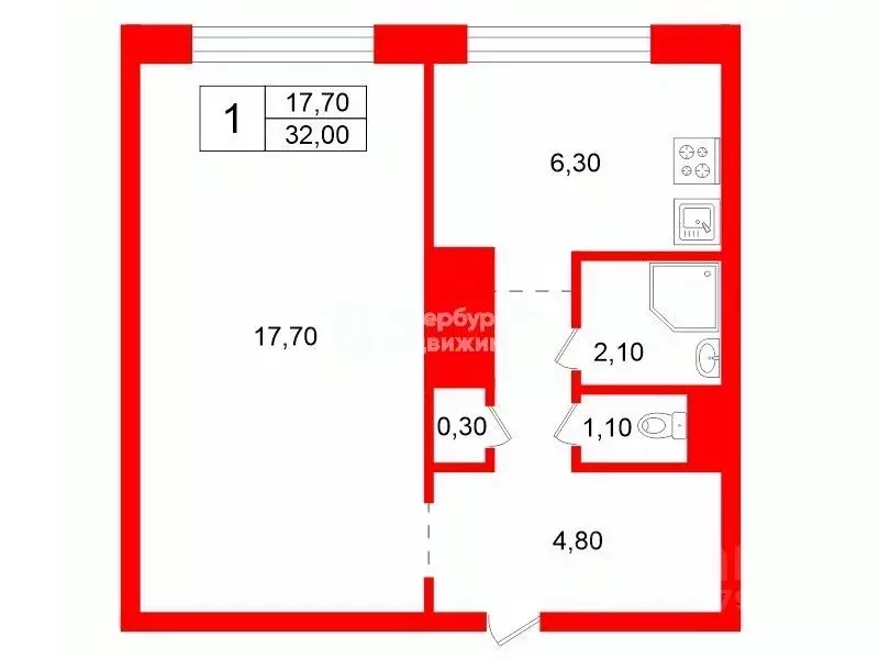 1-к кв. Санкт-Петербург Серебристый бул., 22К1 (32.0 м) - Фото 2