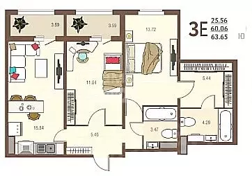 3-к кв. Курская область, Курск ул. Энгельса, 115/5 (63.7 м) - Фото 2