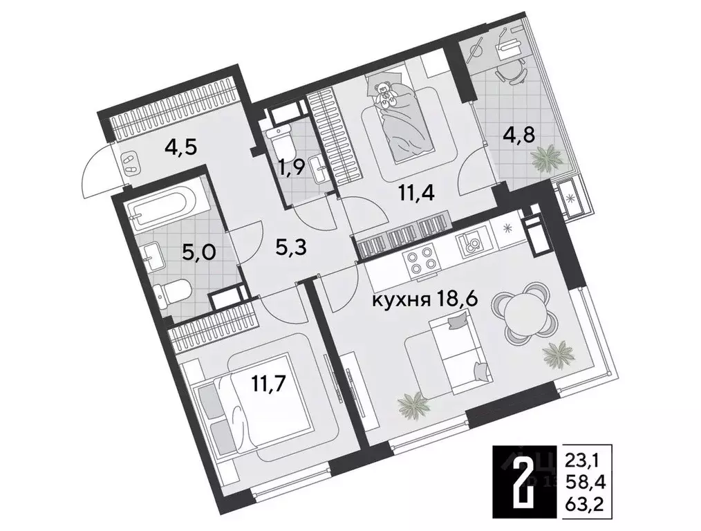 2-к кв. Краснодарский край, Краснодар Парк Победы мкр,  (63.2 м) - Фото 1