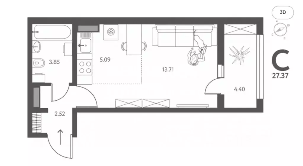 Студия Липецкая область, Липецк ул. Перова, 2Д (27.37 м) - Фото 1