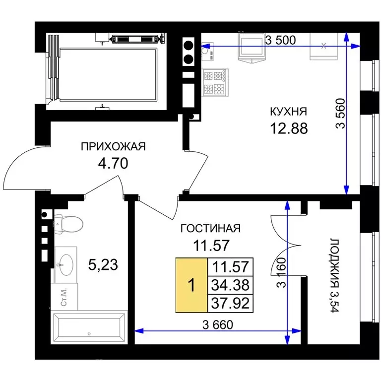 1-комнатная квартира: Гурьевск, жилой комплекс Включи (37.92 м) - Фото 0