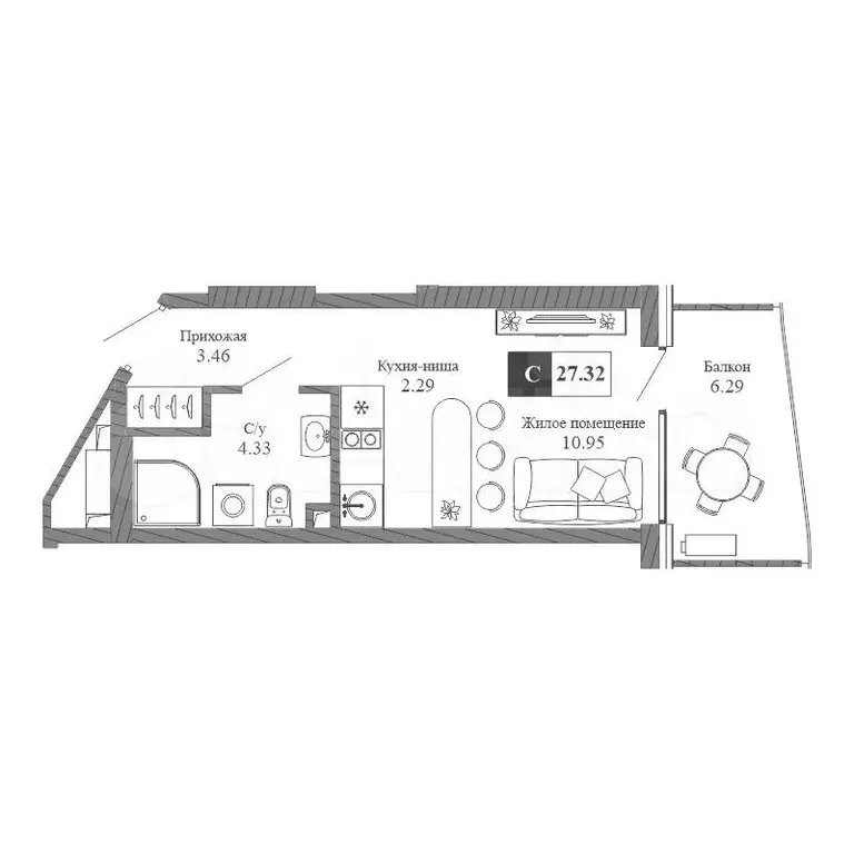 Апартаменты-студия, 27,3 м, 2/20 эт. - Фото 0