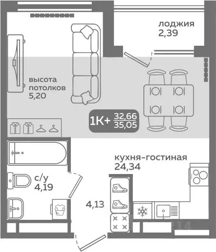 Студия Тюменская область, Тюмень ул. Заполярная, 9/2 (32.66 м) - Фото 0