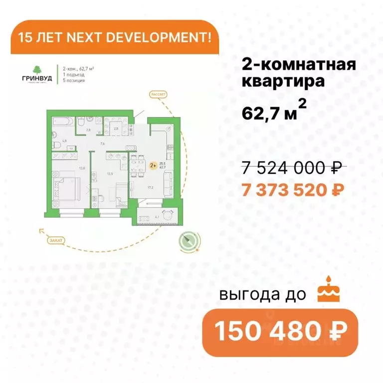 2-к кв. Брянская область, Брянск Клубный Гринвуд кв-л,  (62.7 м) - Фото 0