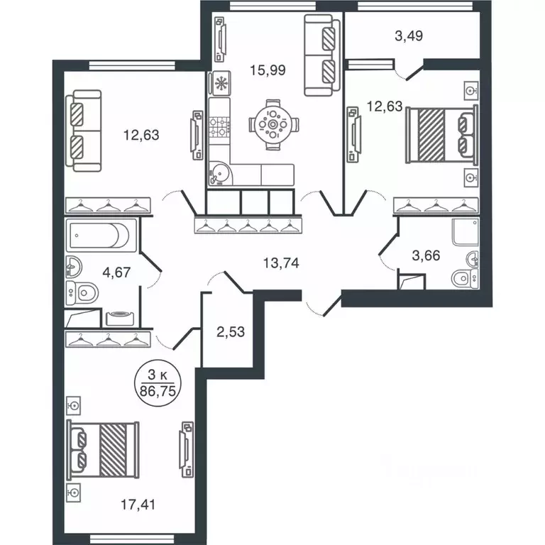 3-к кв. Тверская область, Тверь Бурашевское ш., 60 (86.75 м) - Фото 1